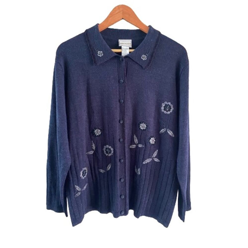 Napa Valley Navy Blue Embroidered Beaded Floral Cardigan Sweater Button Up‎ Sz L